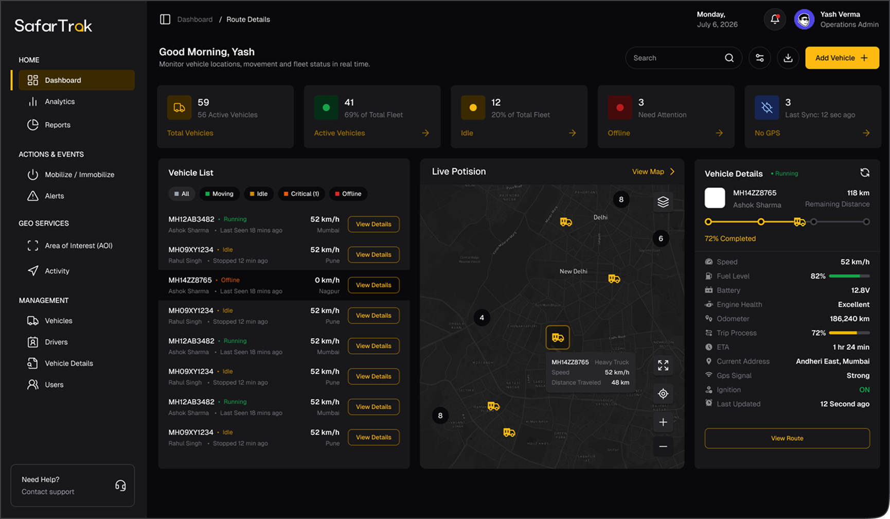 SafarTrak fleet management dashboard preview